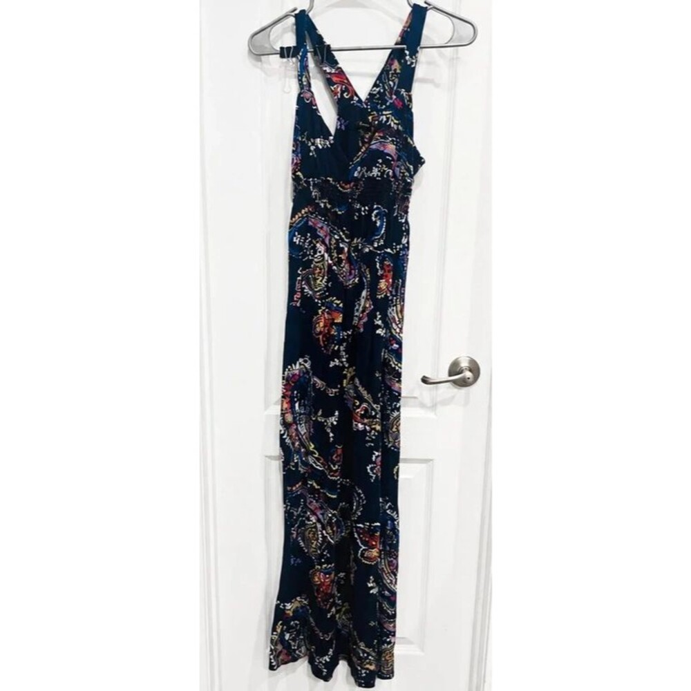 Express Women’s XS Navy Paisley Halter Maxi Dress Smocked Empire Waist
